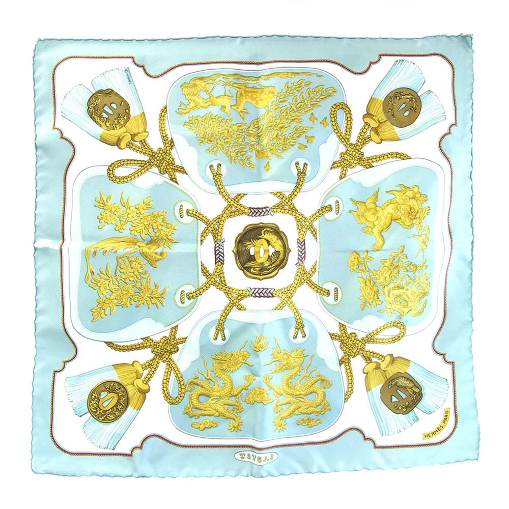 Hermes Scarf Muffler Carre 42 TSUBAS Light Blue 100% Silk Petit Mini Stole Wo...